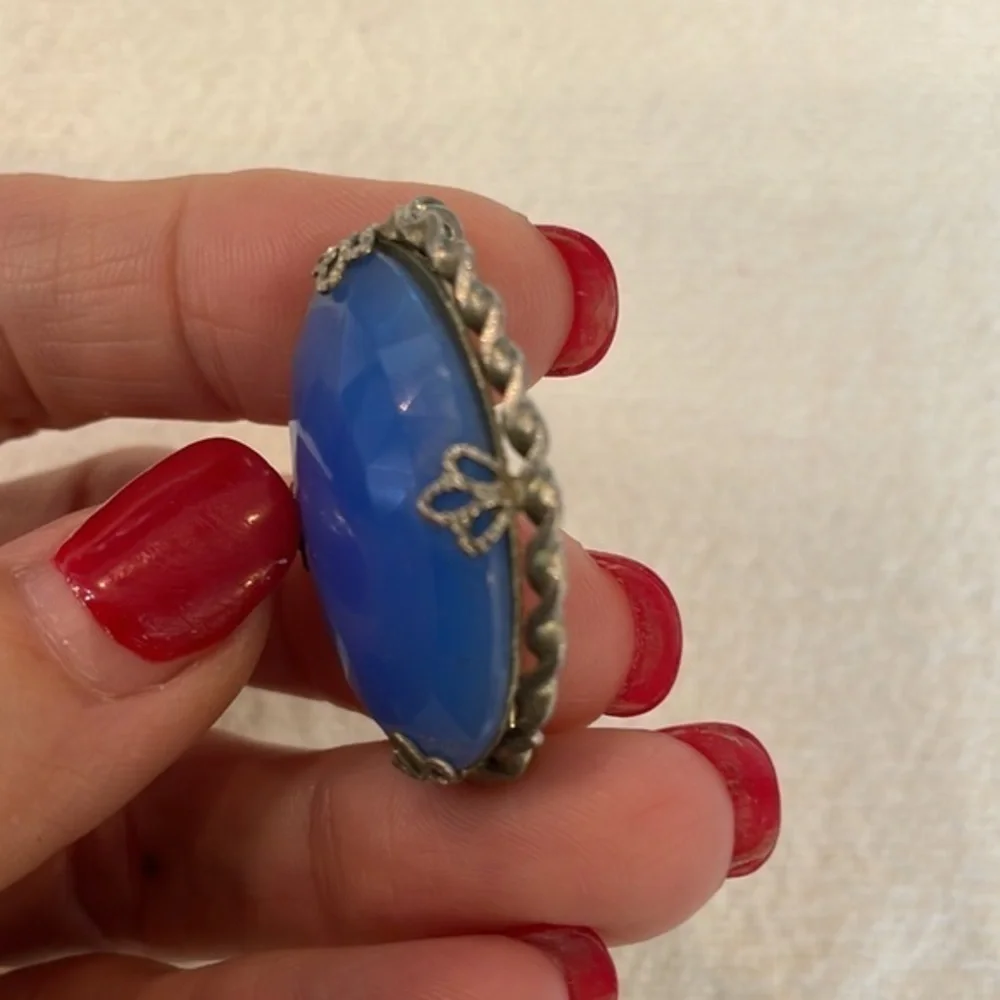 Faceted blue glass dome simple silver tone or pewter edge vintage brooch